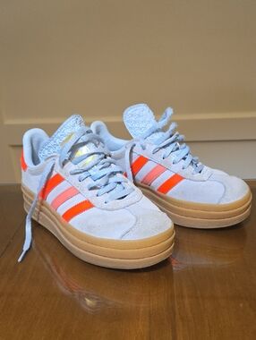 adidas Kids Light Blue Suede Sneakers with Orange Stripes and Gum Sole